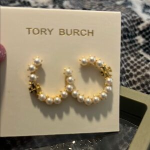 Tory Burch Gold and White Pearl Hoop Earrings
